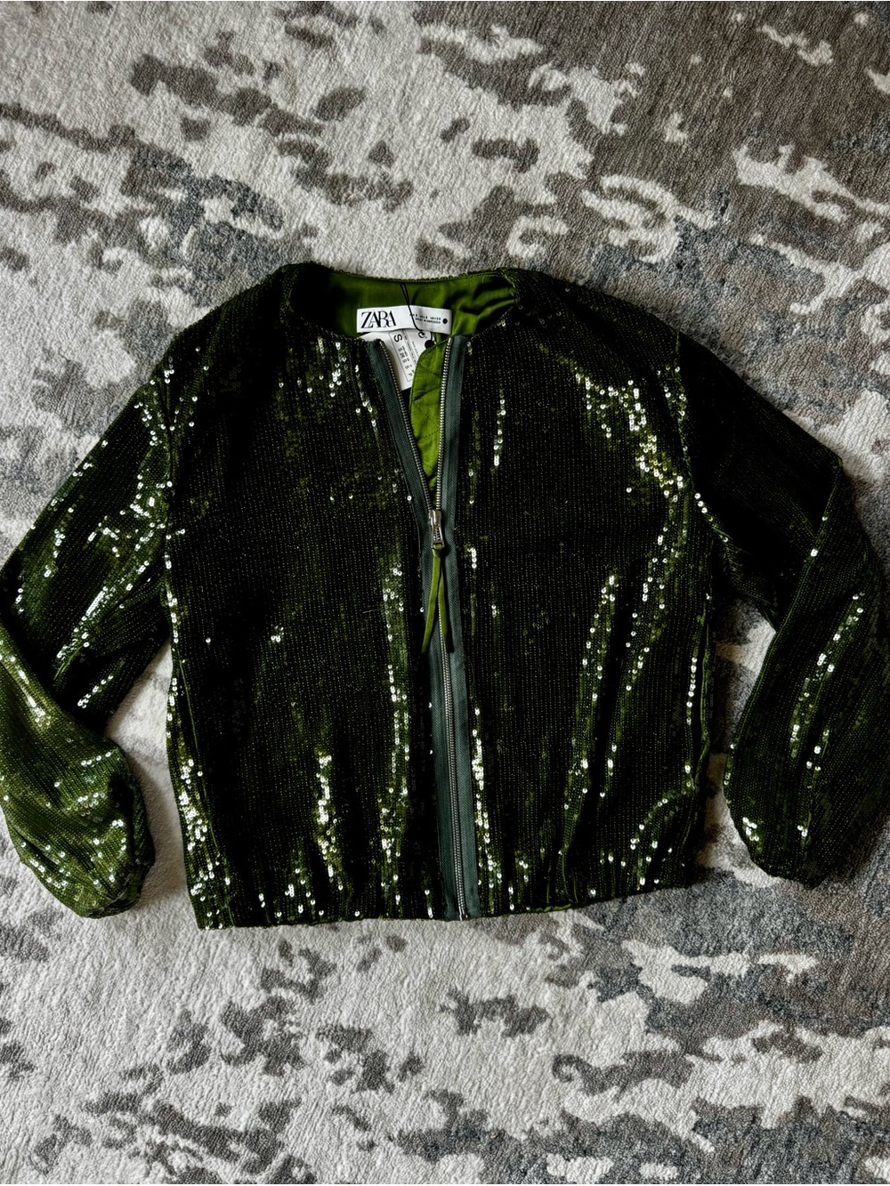 Zara Women’s Sequin Bomber Jacket in Dark Green